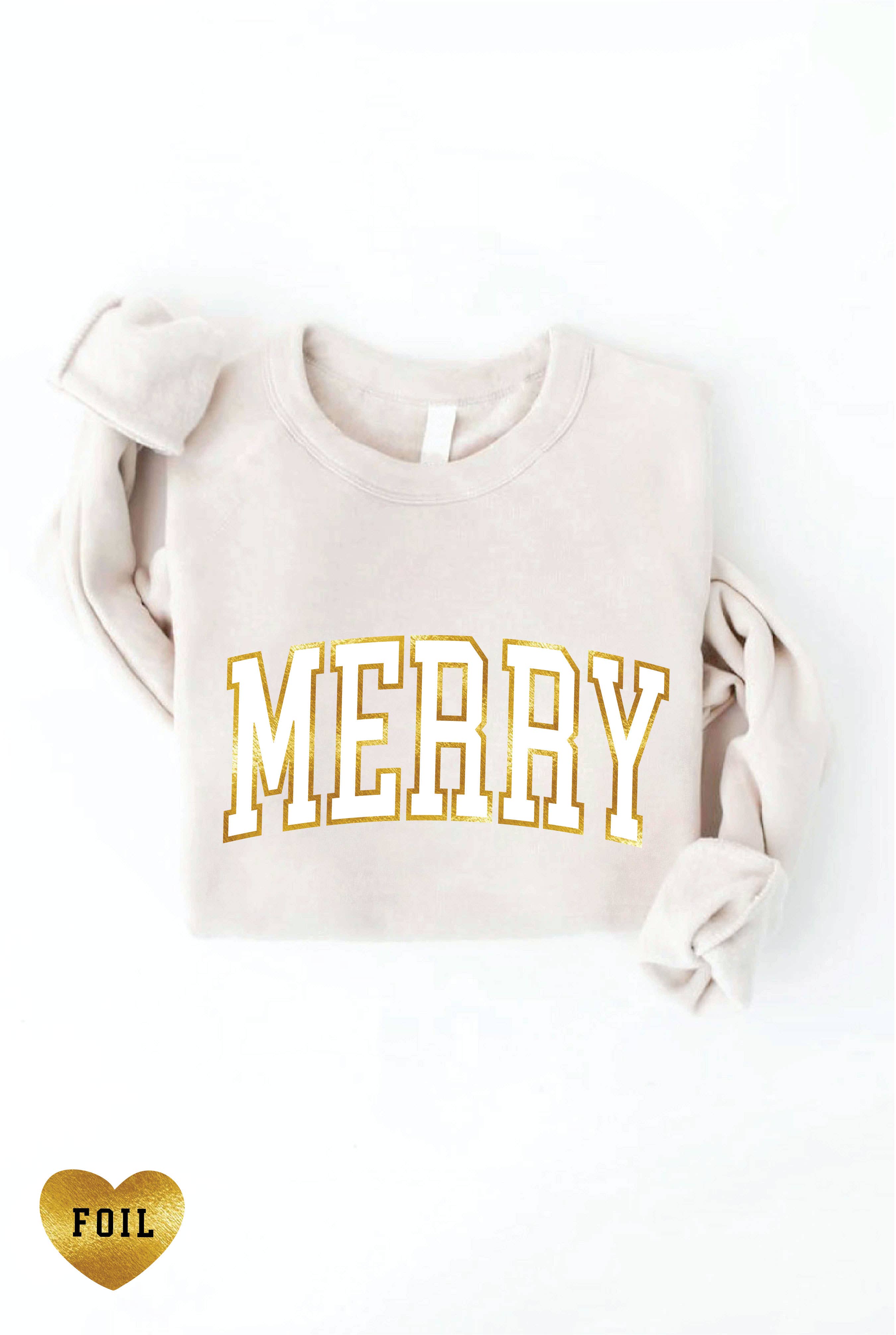 Oat Collective beige sweatshirt with 'MERRY' in gold foil on a white background