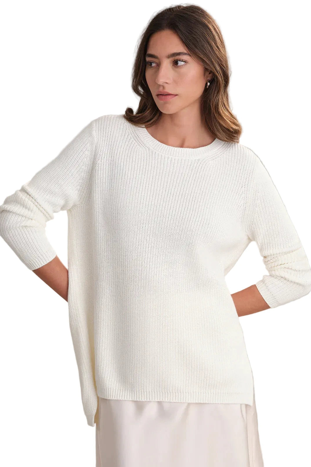 EMMA: CREWNECK SHAKER STITCH COTTON SWEATER / chalk