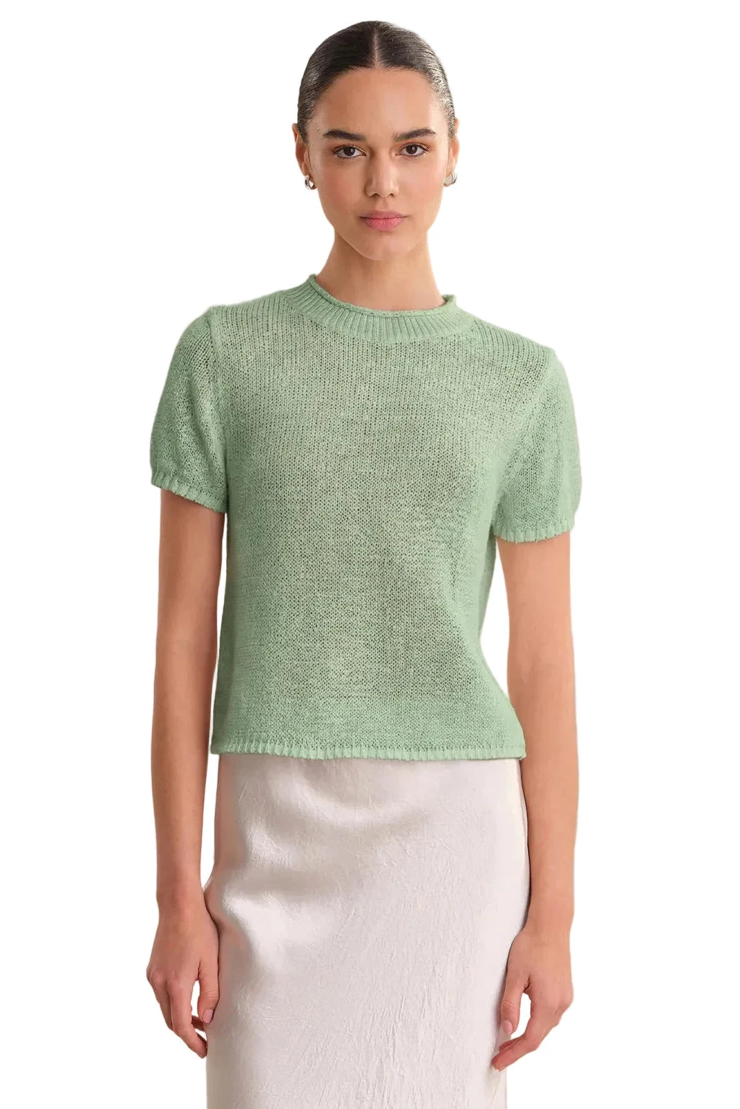 Faye rolled edge sweater tee in cotton linen blend with lightweight knit and relaxed neckline
