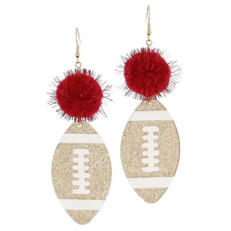 Crimson Tinsel Pom & Golden Glitter Football Earrings