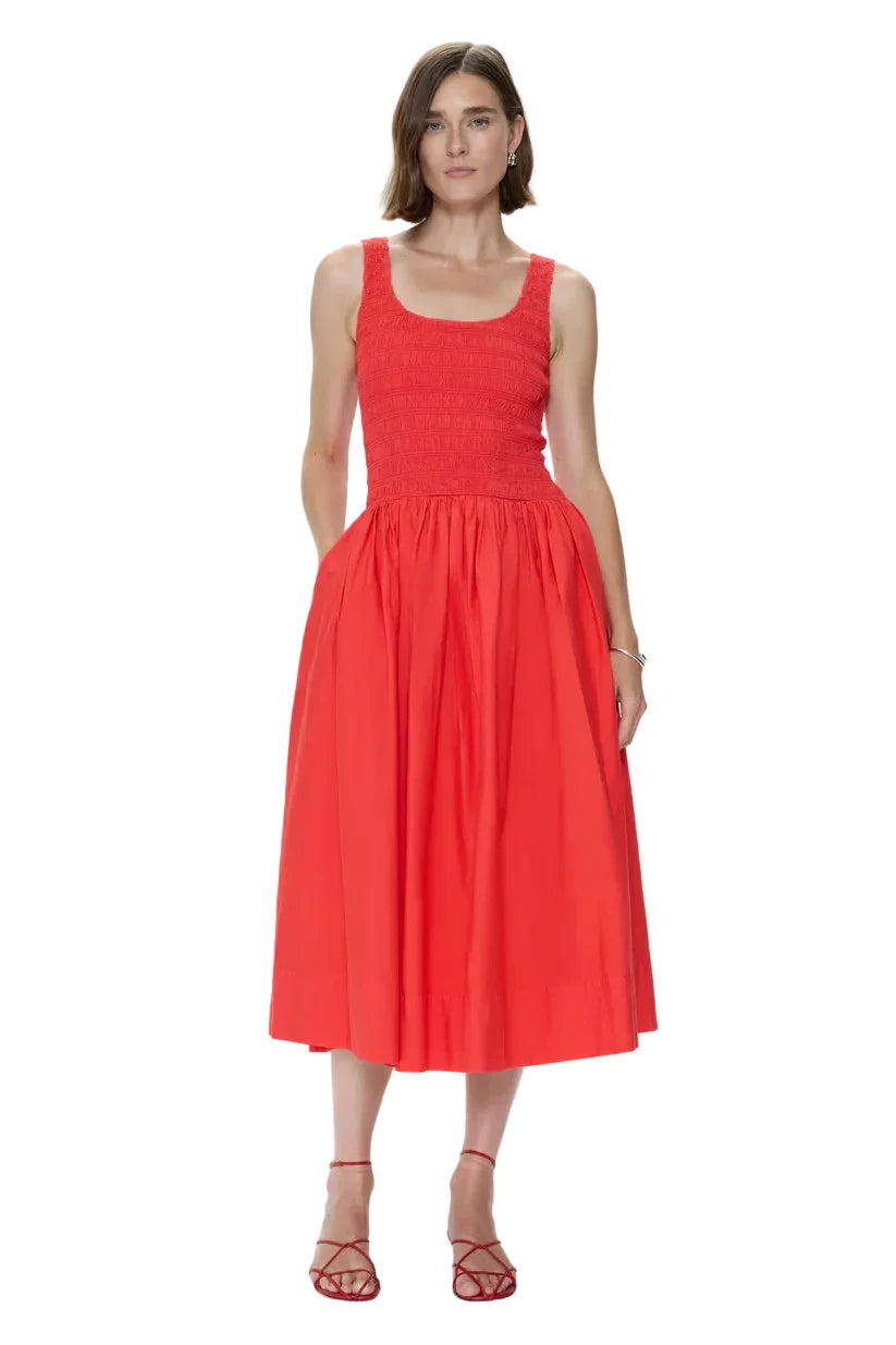 Pistola Alessia smocked drop waist midi dress in maraschino red with sleeveless silhouette and flowy skirt