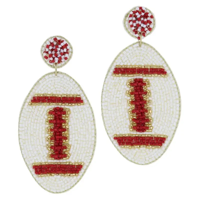 Crimson, Ivory, Gold Beaded Football Earrings