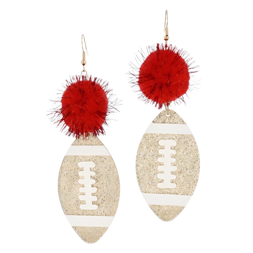 Red Tinsel Pom & Golden Glitter Acrylic Football Earrings