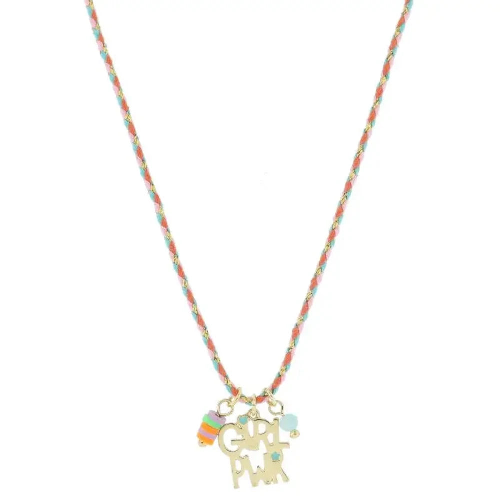 Kids 14" Mint Accented "Girl Pwr", Mint Bead Charms Necklace
