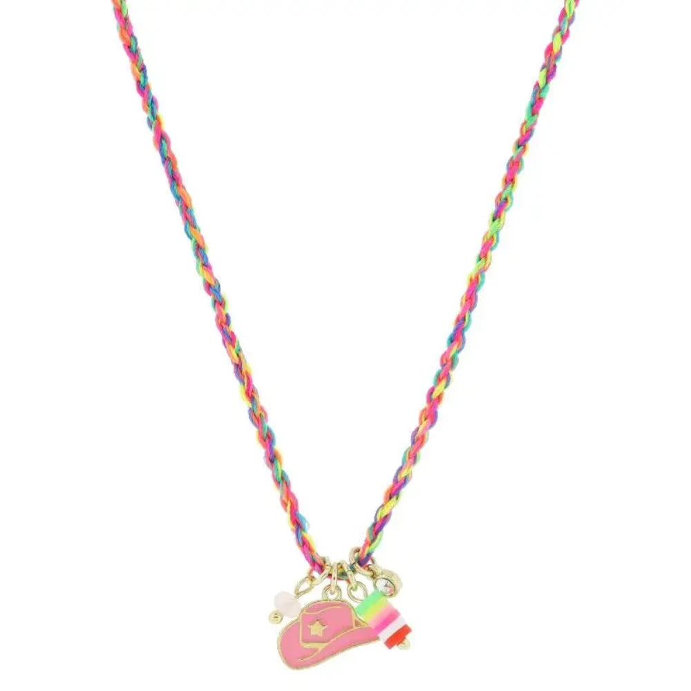 Kids 14" Pink Cowgirl Hat Crystal Charms Necklace