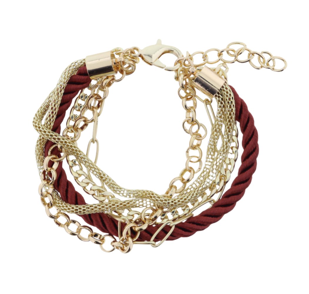 6 Strand Gold Chains with Maroon Threaded Rope Bracelet