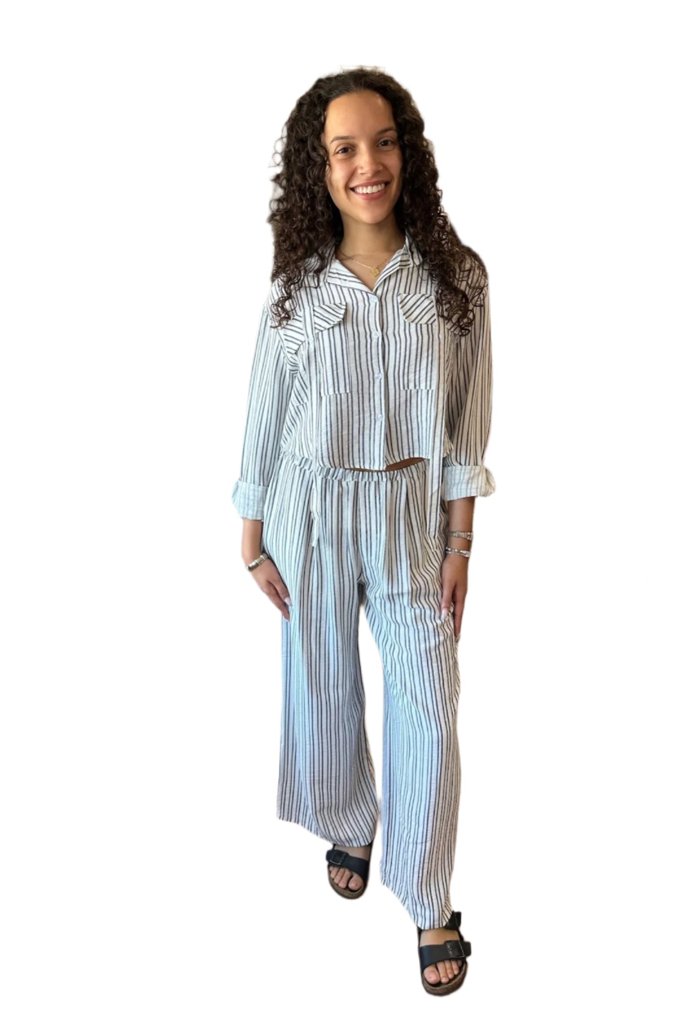 White and Black Stripe Woven Pants