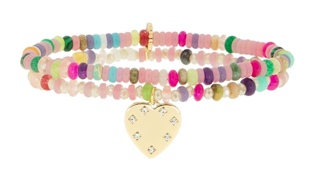 Summer Multi-Mini Rondelle Beaded Stretch Bracelet Set with Heart Charm