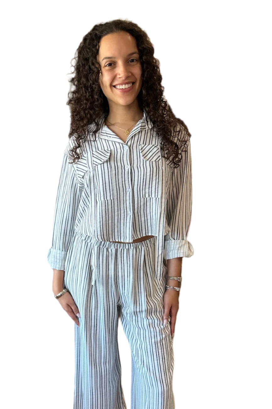 White and Black Stripe Button Up Top