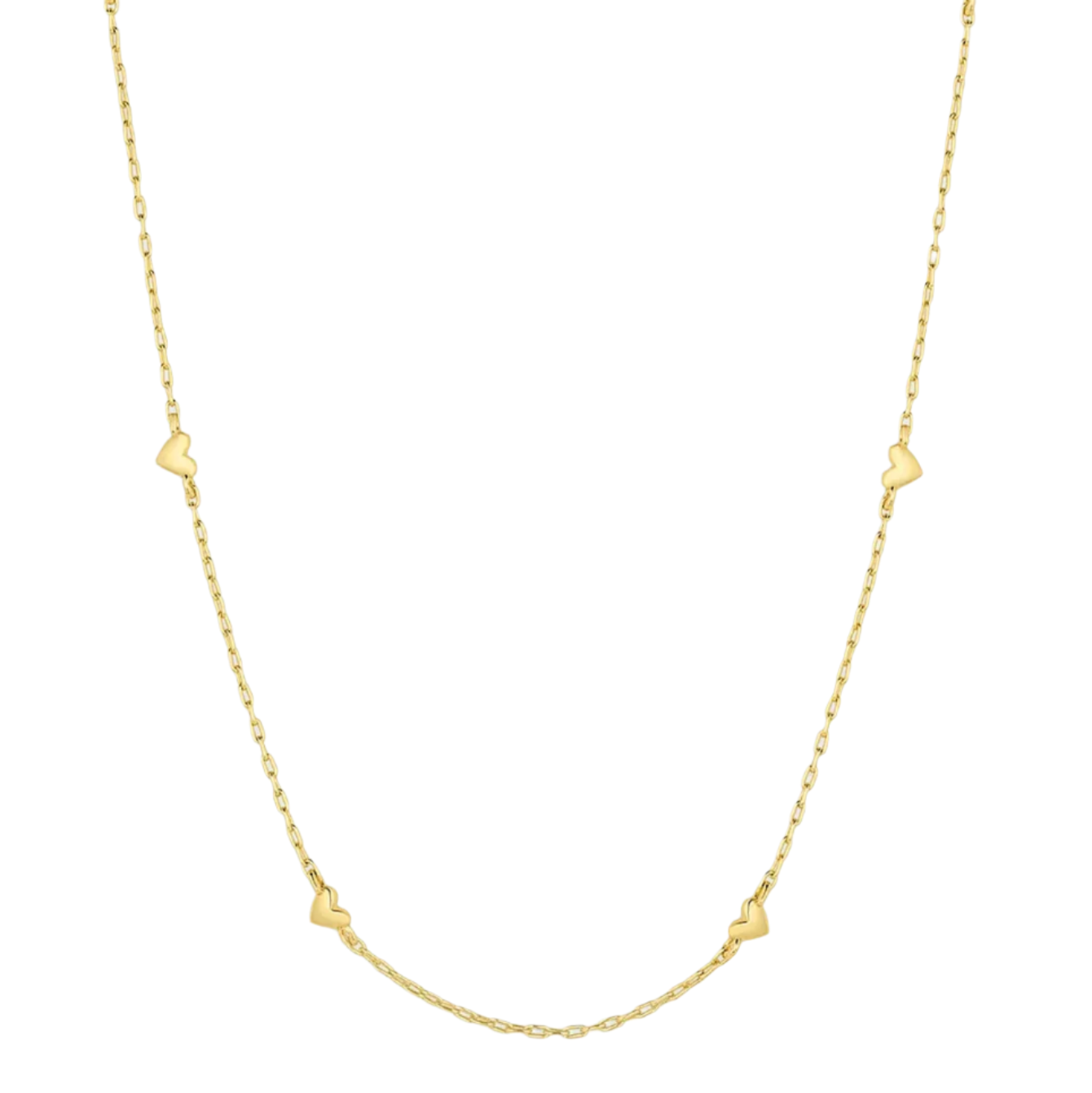 Gold necklace with heart-shaped pendants on a white background