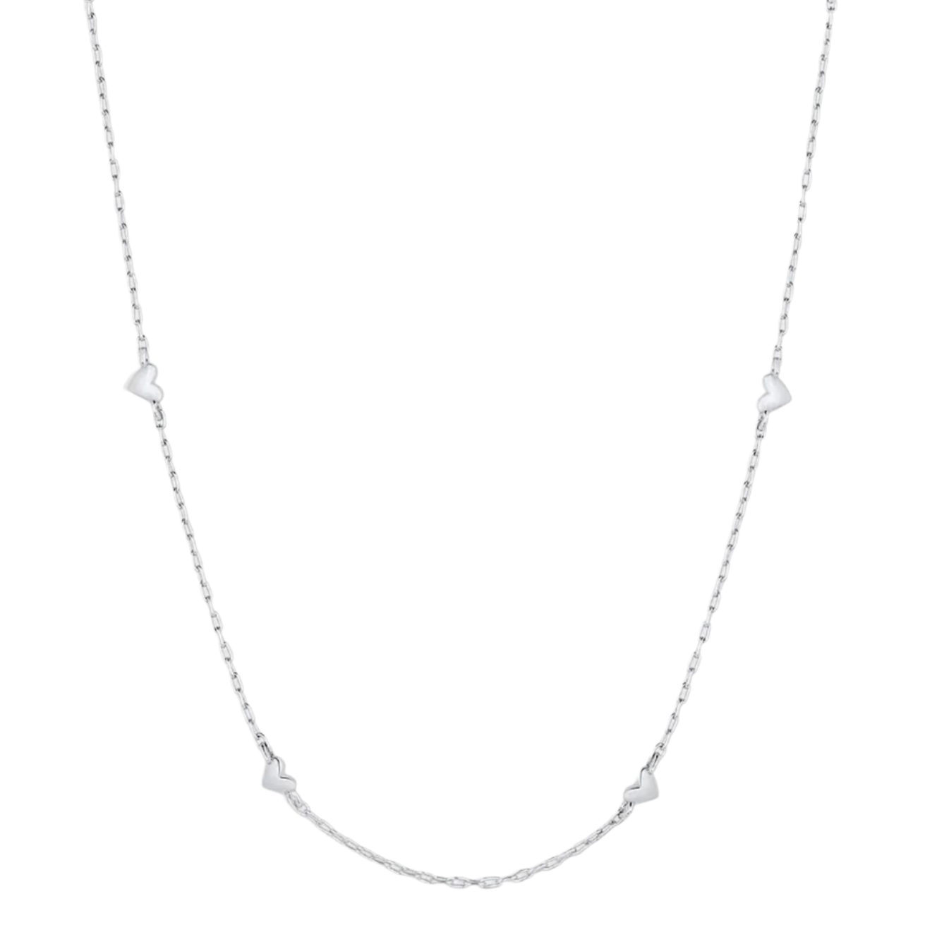 Silver necklace with heart-shaped pendants on a light gray background
