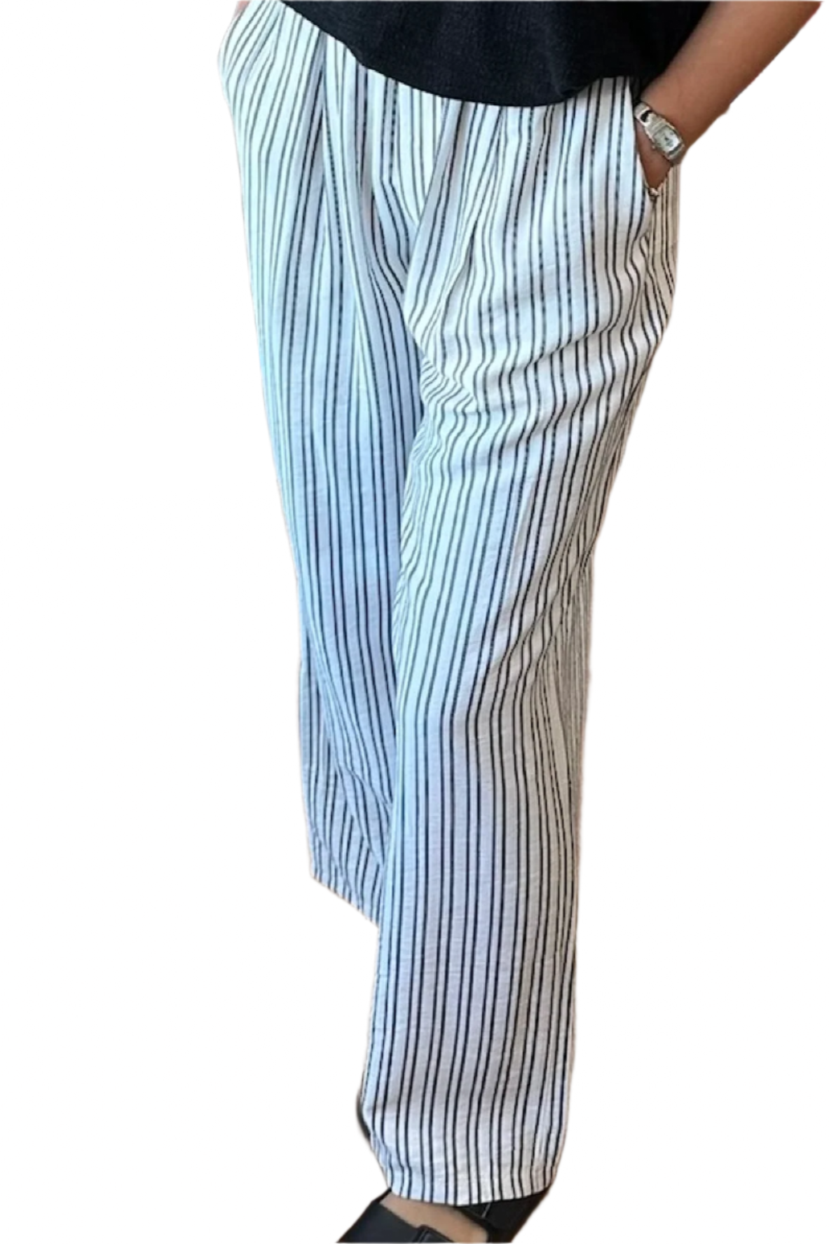 White and Black Stripe Woven Pants