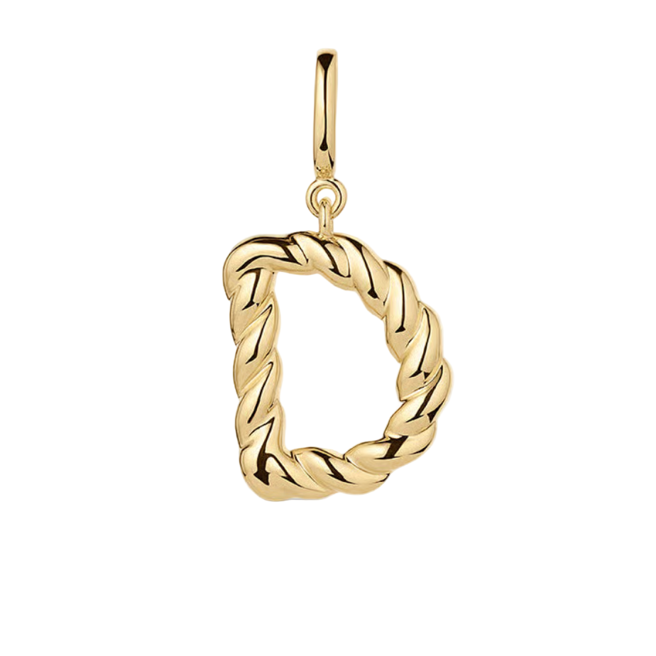 Gold twisted letter 'D' pendant on a white background