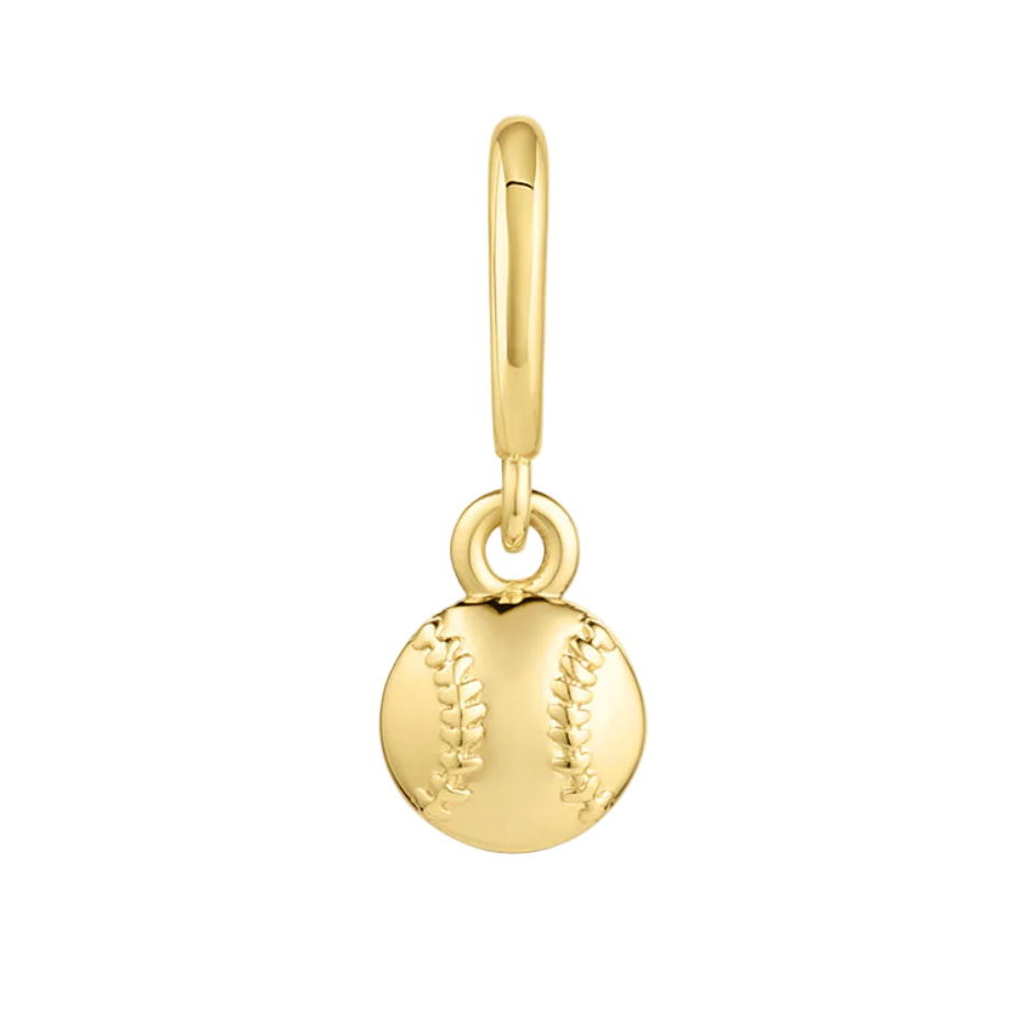 Gold charm shaped like a baseball on a white background