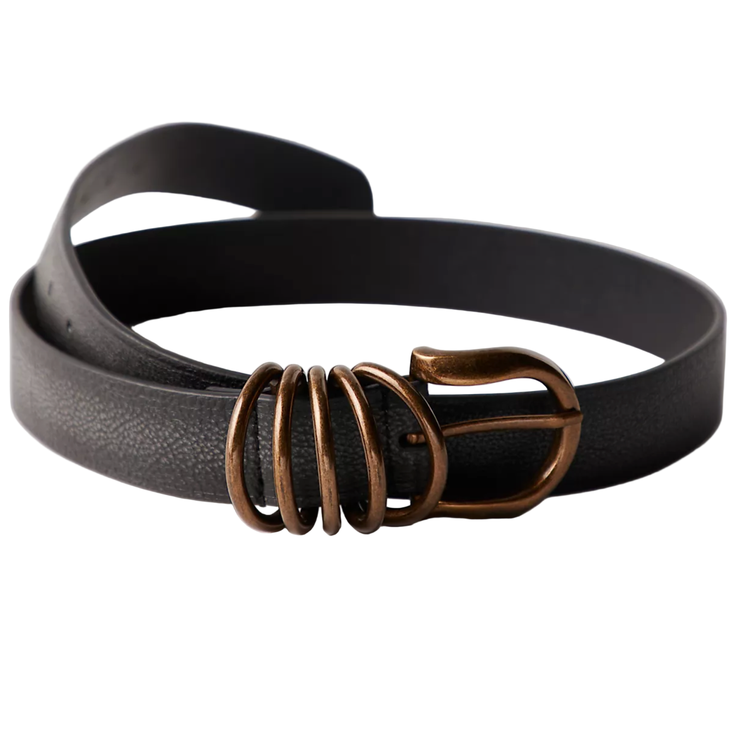 Black leather belt with a bronze buckle on a white background