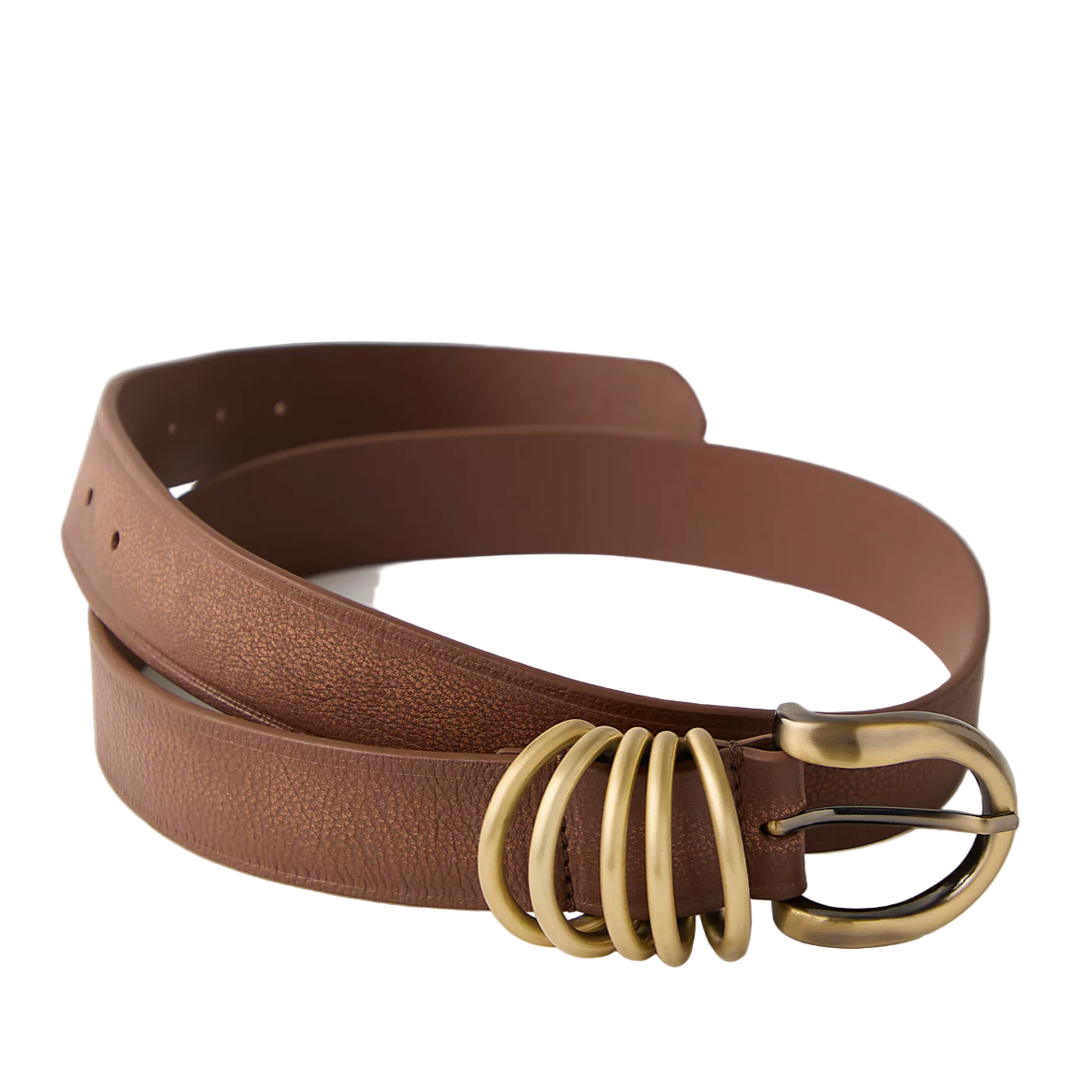 Brown belt with a gold spiral buckle on a white background