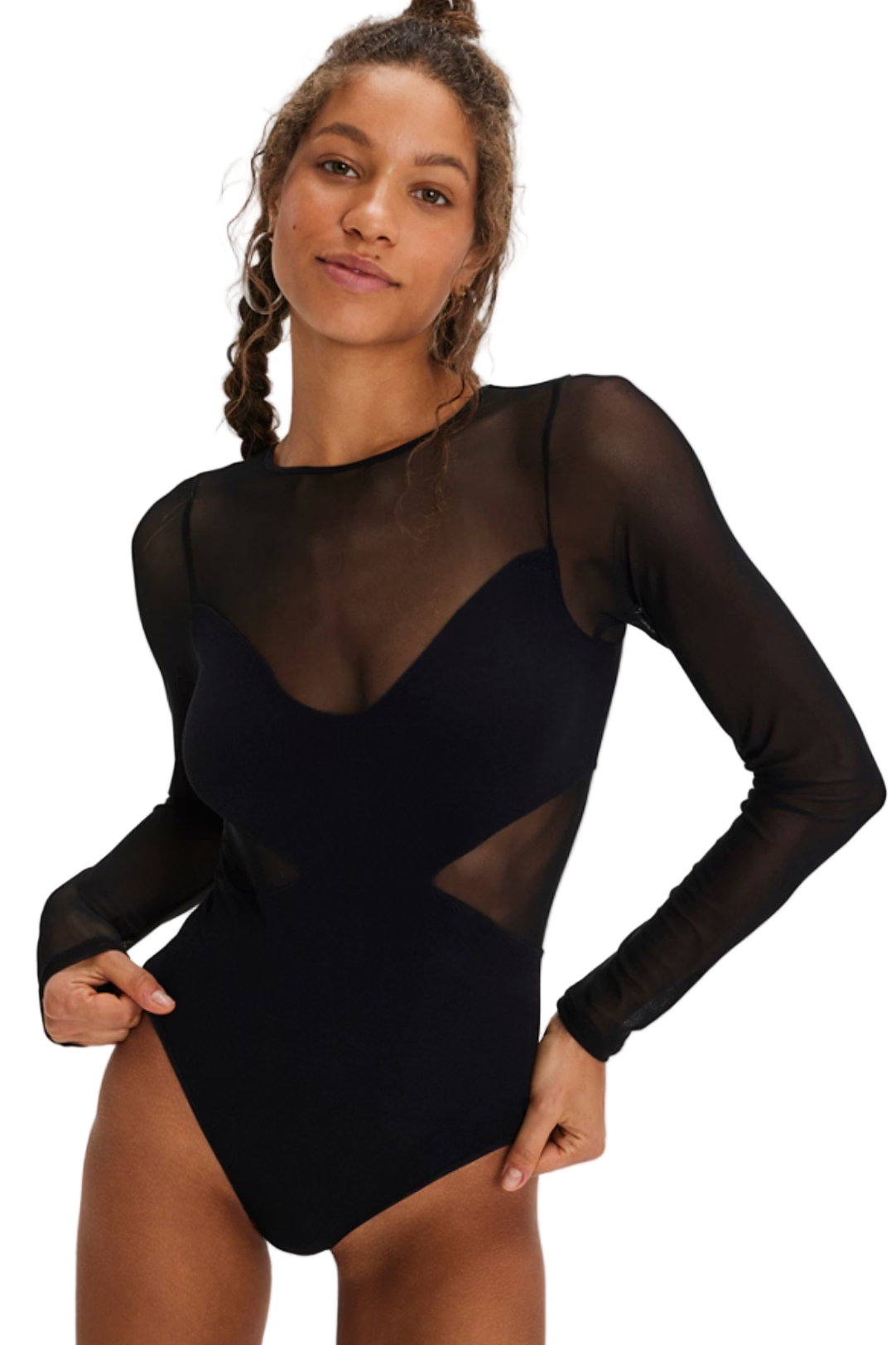 Person wearing a black bodysuit with sheer long sleeves on a white background