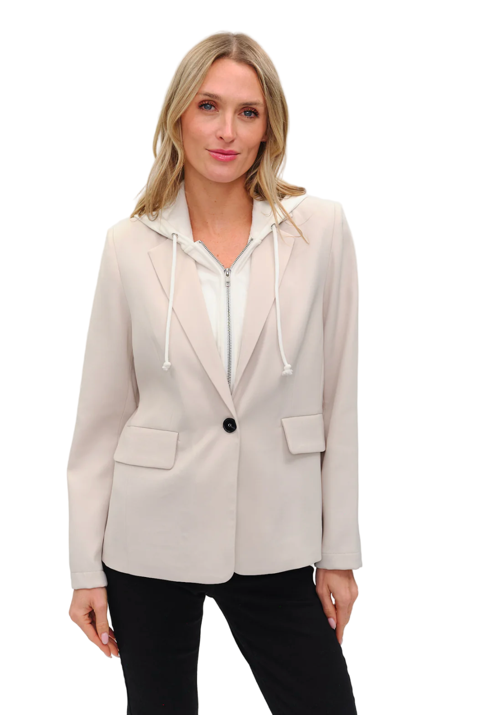 SixFifty Drew Blazer in Sand – women’s neutral lightweight blazer styled at Rosecliff Boutique.