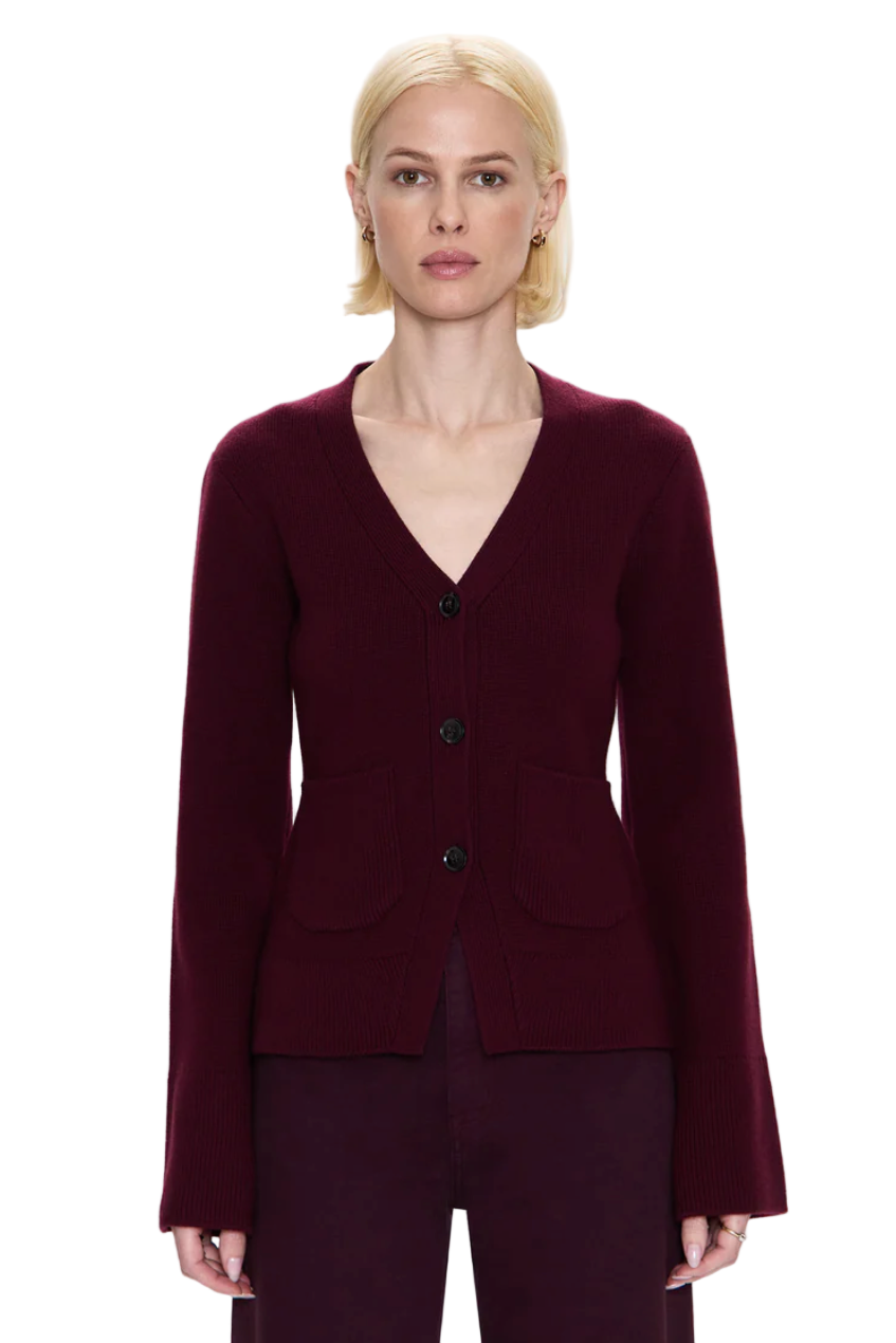 Pistola Aeron Cardigan in Claret – women’s cozy open-front knit cardigan styled at Rosecliff Boutique.