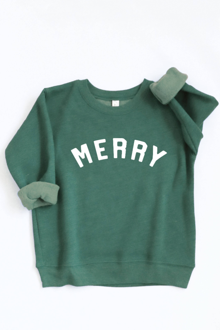 Oat Collective green sweatshirt with 'MERRY' text on a white background