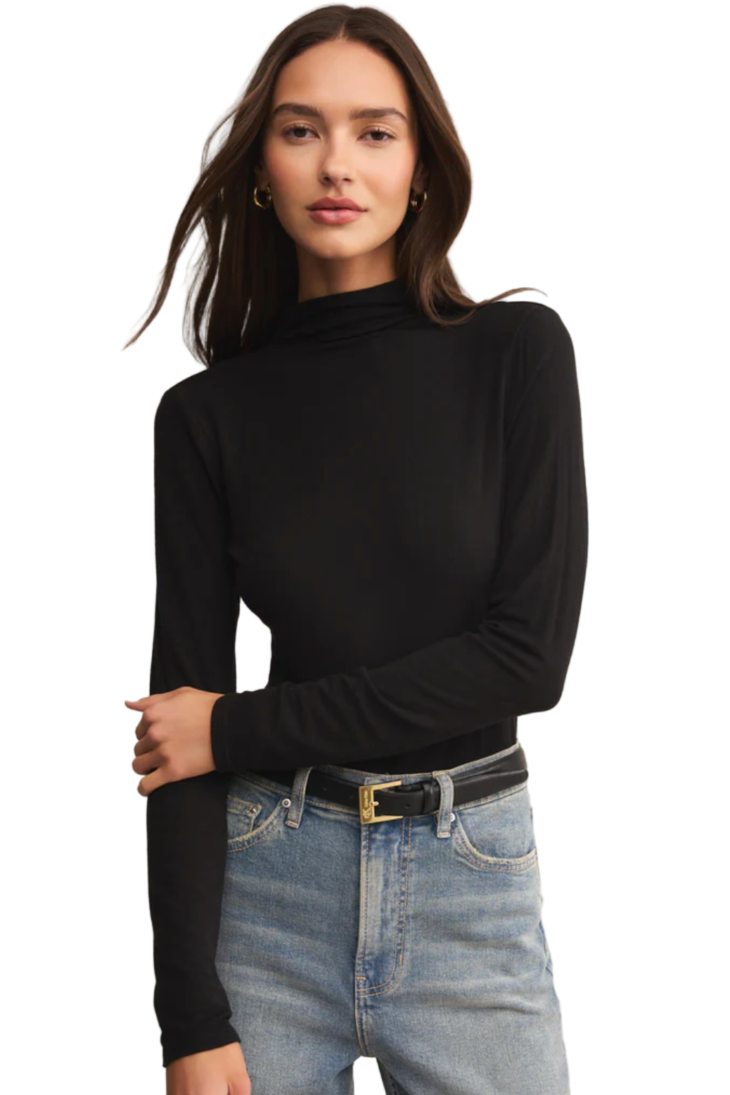 Woman wearing the Lira Second Skin Top in soft black by Z SUPPLY