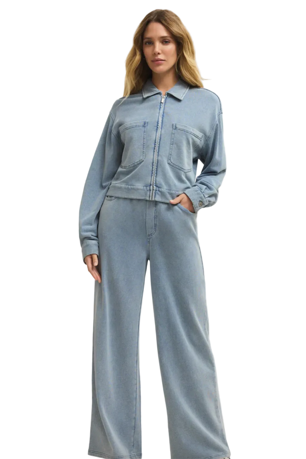 Z Supply Heritage Knit Denim Jacket in Ocean Air Indigo — soft knit denim layer