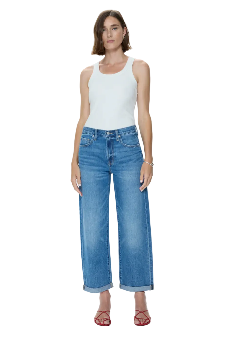 Pistola Donny Rolled Hem Boyfriend Jean in light indigo wash featuring high-rise fit, relaxed silhouette, wide leg, and double rolled cuff