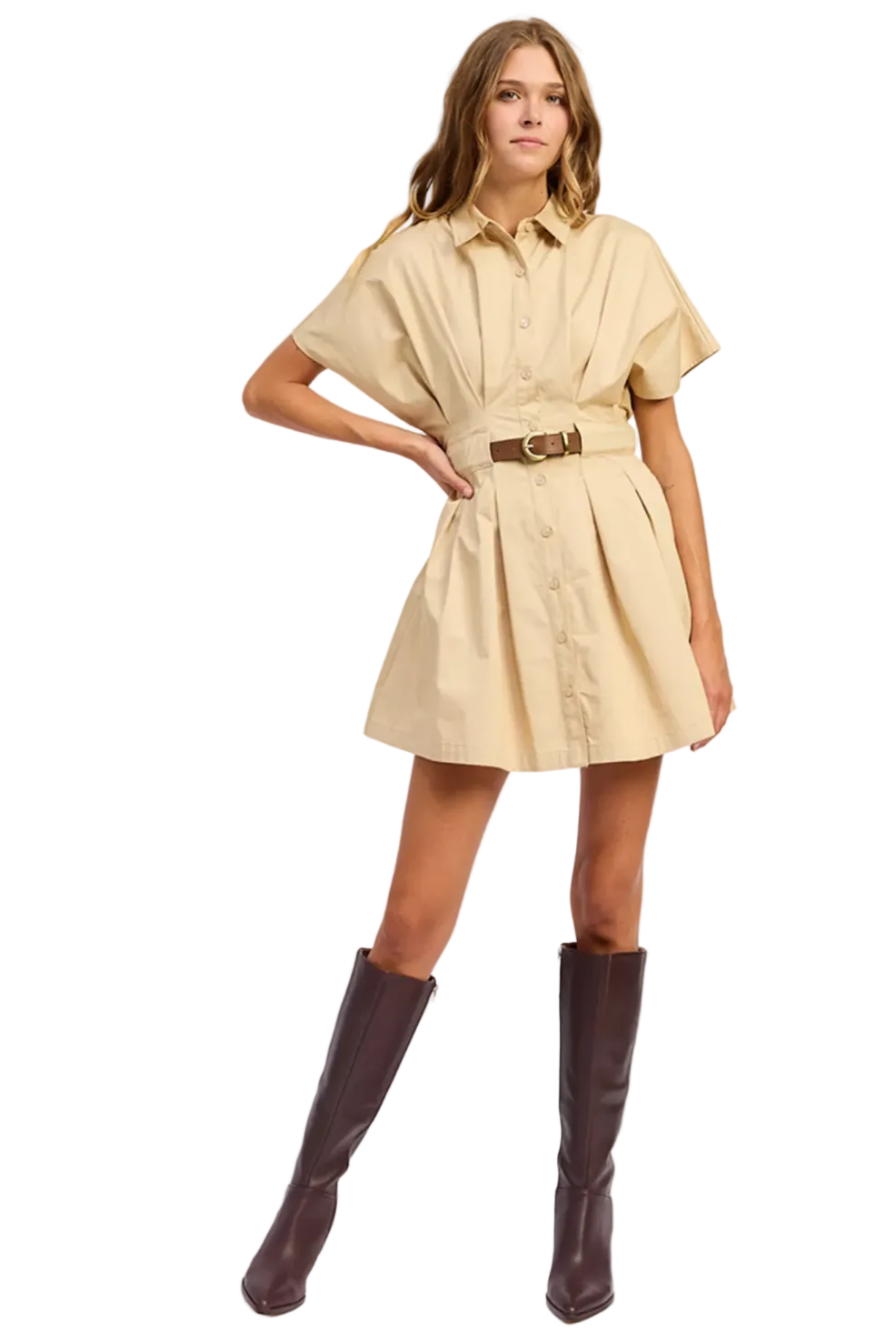 Front view of En Saison Cecilia dress with collar and waist belt