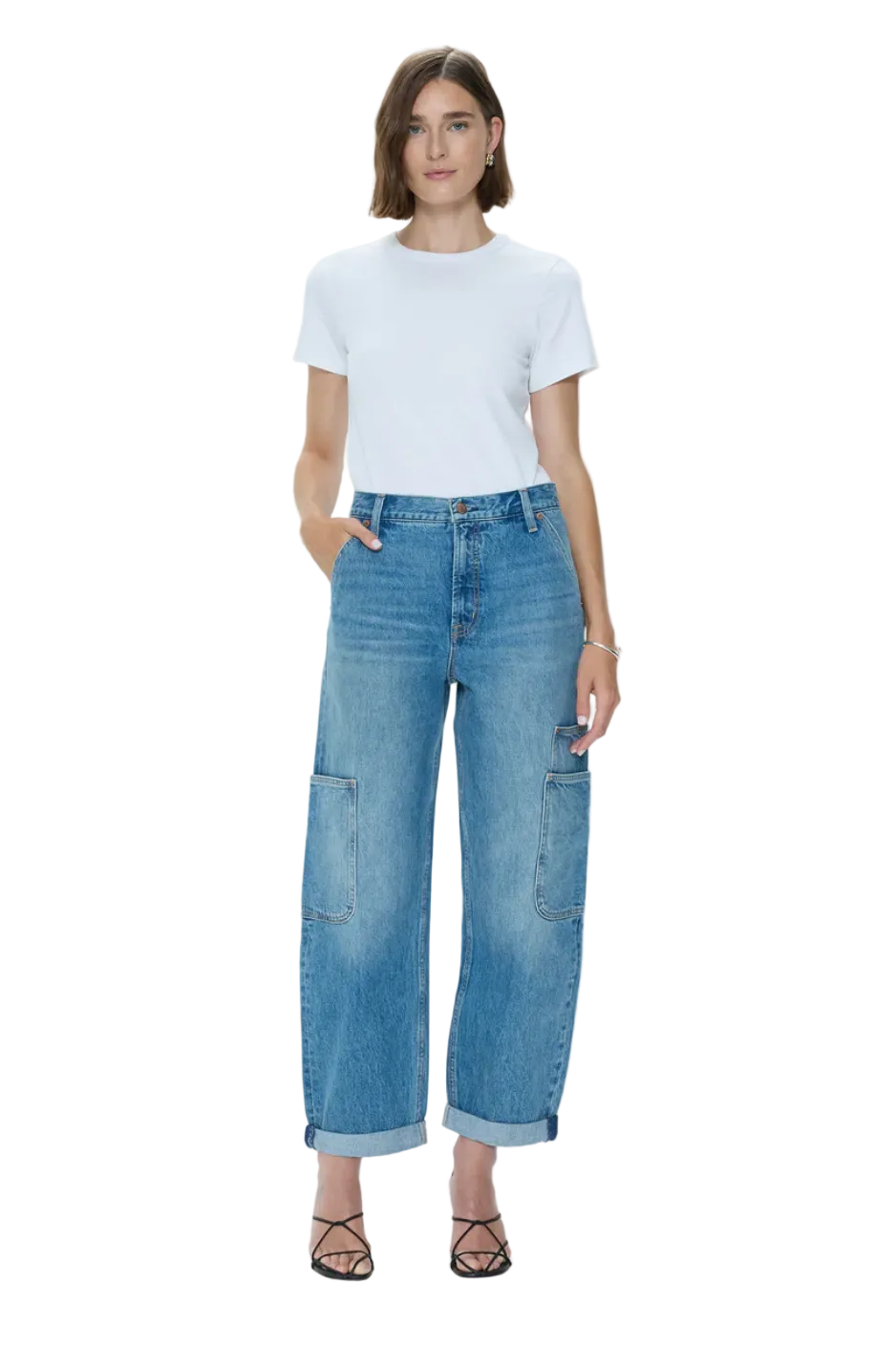 Pistola Sonny High Rise Barrel Jean in Coastal Fade washed light blue denim with curved leg and utility side pockets