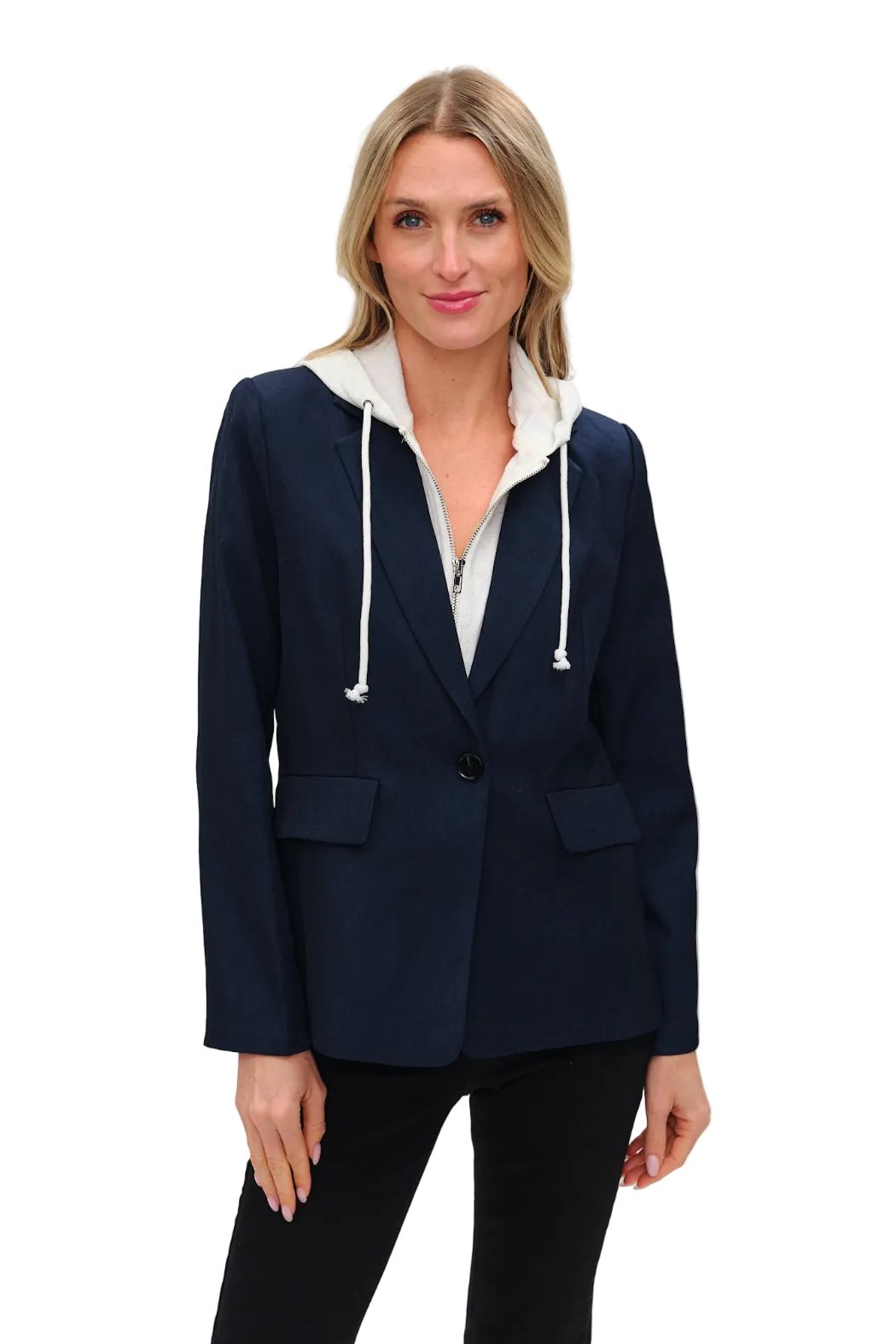 Six Fifty Drew blazer with removable hoodie insert and tailored fit for versatile layering