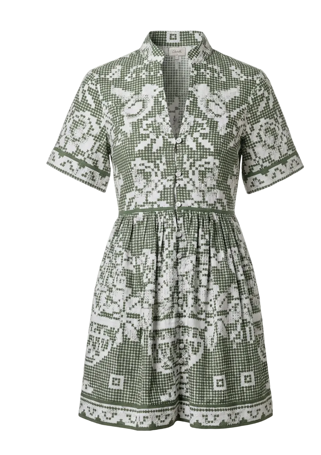 Woman wearing Cleobella Sterling Mini Dress in a printed organic cotton poplin with a fit-and-flare silhouette and button-front detailing.