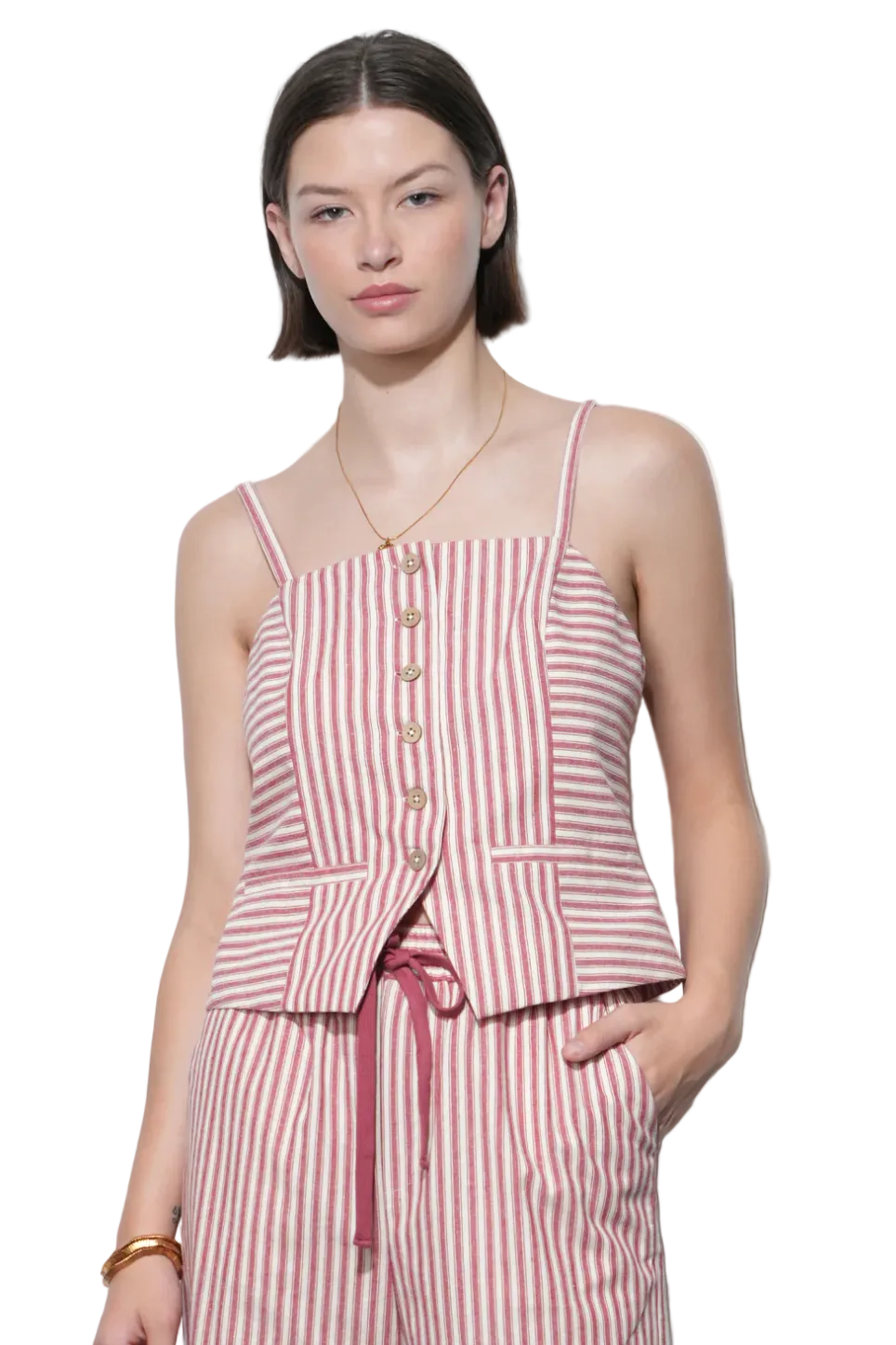 Woman wearing Greylin Audrey Vest Top in a tailored sleeveless silhouette with a structured fit for a polished, modern look.