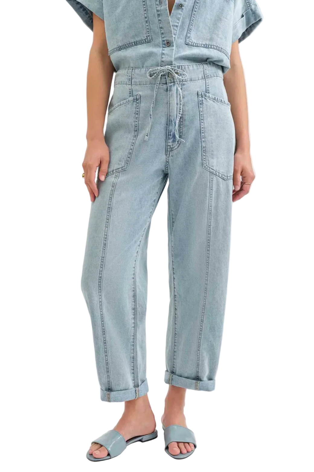Daze Villa drawstring denim jeans with relaxed barrel leg and adjustable waist for effortless casual style