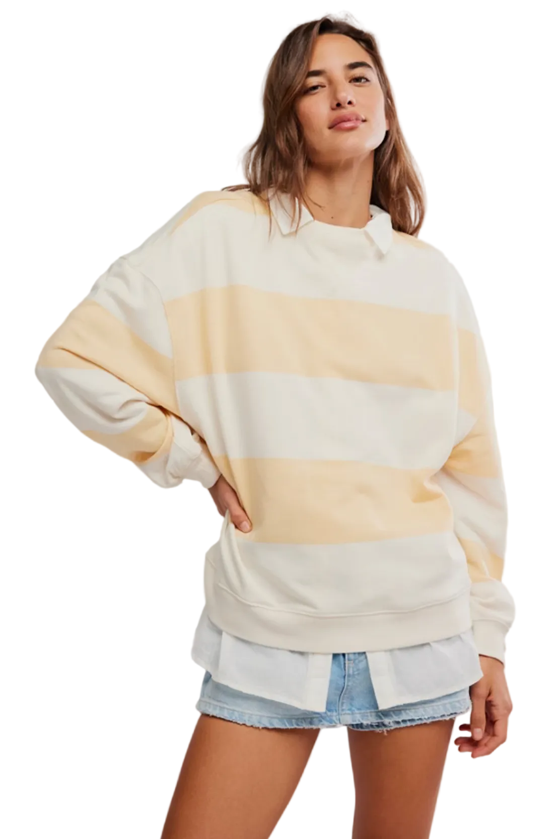 Free People Classic Striped Oversized Crewneck in apricot with relaxed oversized fit and stripe pattern