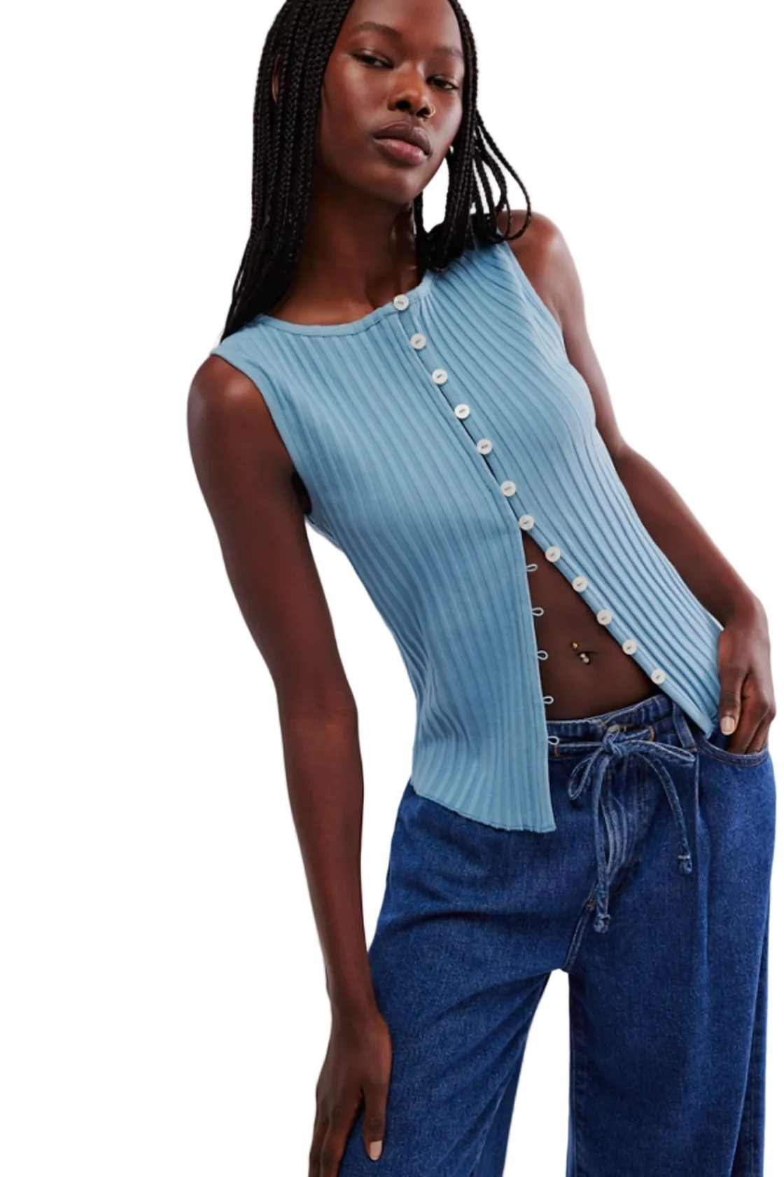 Free People Tilly Vest in Ocean View with ribbed knit fabric, scoop neckline, and button-front detail.