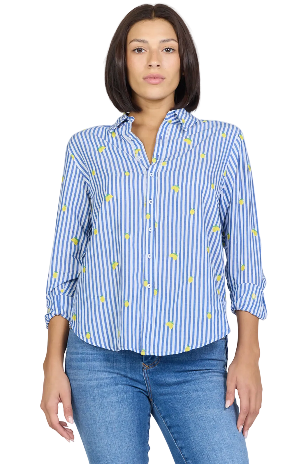 Woman wearing Dear John Lolita poplin button up shirt with lemon embroidery and long sleeves.