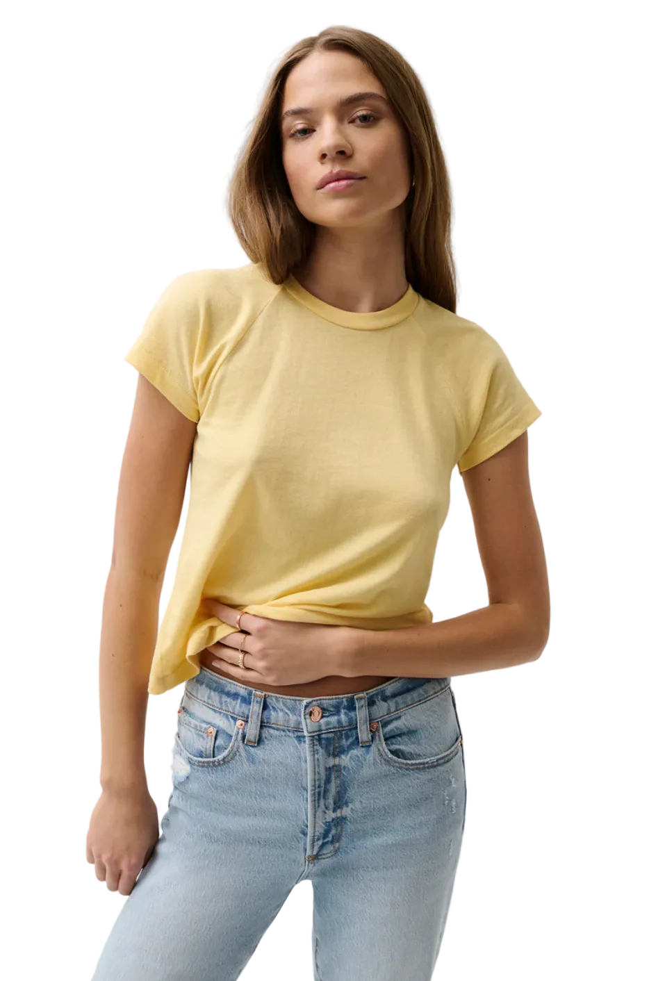Woman wearing Pistola Ryn Top in Light Turmeric, fitted cropped tee with raglan sleeves and crewneck collar.