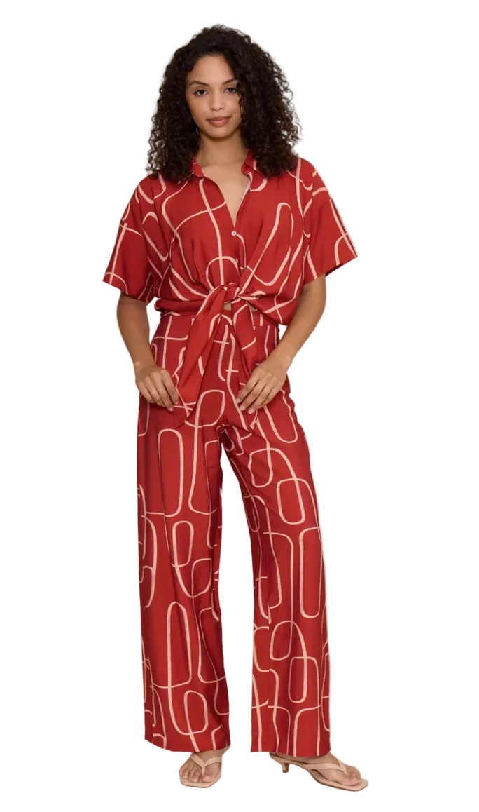 REN SHORT SLEEVE TIE TOP - BRICK RED