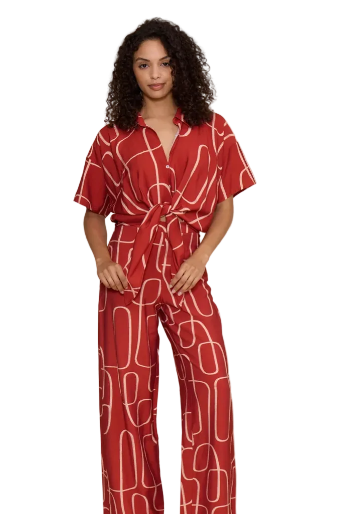 REN SHORT SLEEVE TIE TOP - BRICK RED