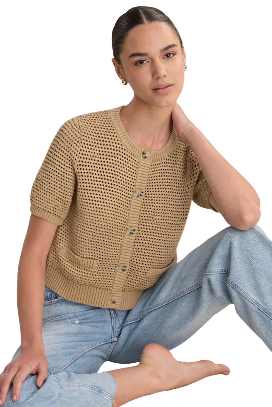 CELINE: COTTON CROPPED POINTELLE CARDIGAN