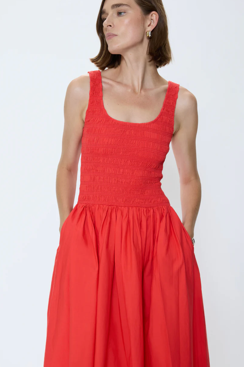 ALESSIA SMOCKED DROP WAIST DRESS - MARASCHINO