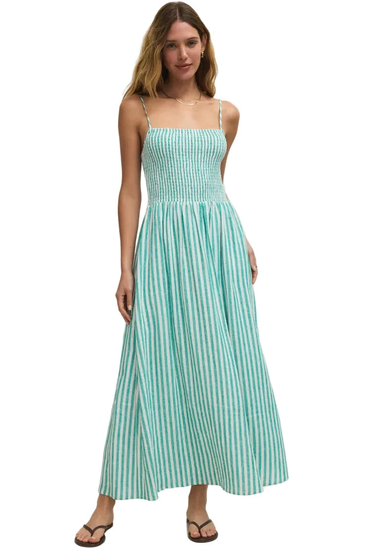 Z Supply Bayside Stripe Linen midi dress with smocked bodice and adjustable straps