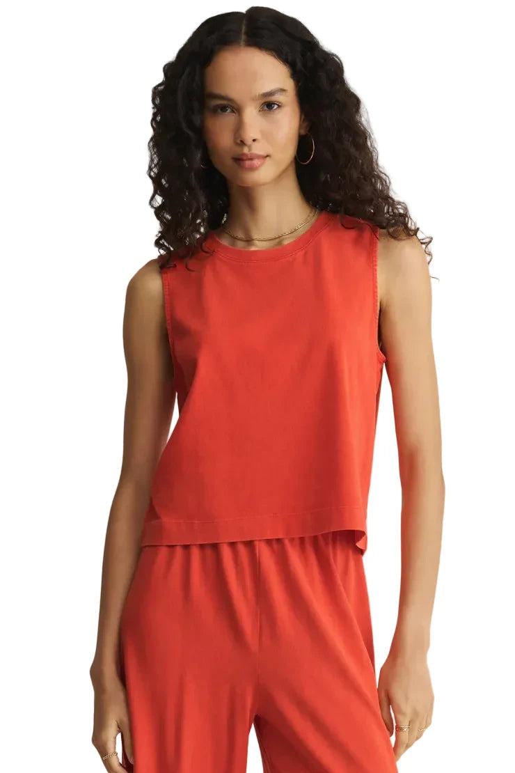 Z SUPPLY Sloane Cotton Jersey Tank in Lychee featuring a soft cotton jersey fabric and relaxed sleeveless silhouette in a bright hue.
