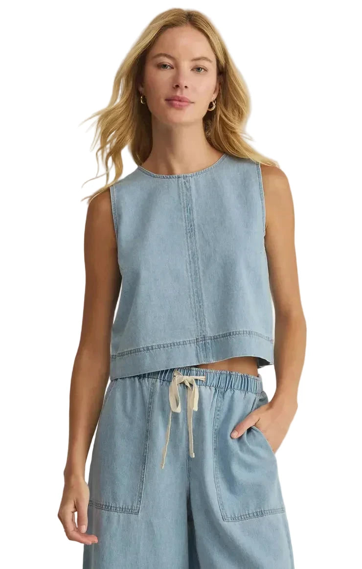 Z SUPPLY Sun Seeker Denim Cropped Tank in ultra-soft cotton denim with a sleeveless relaxed fit and cropped silhouette.