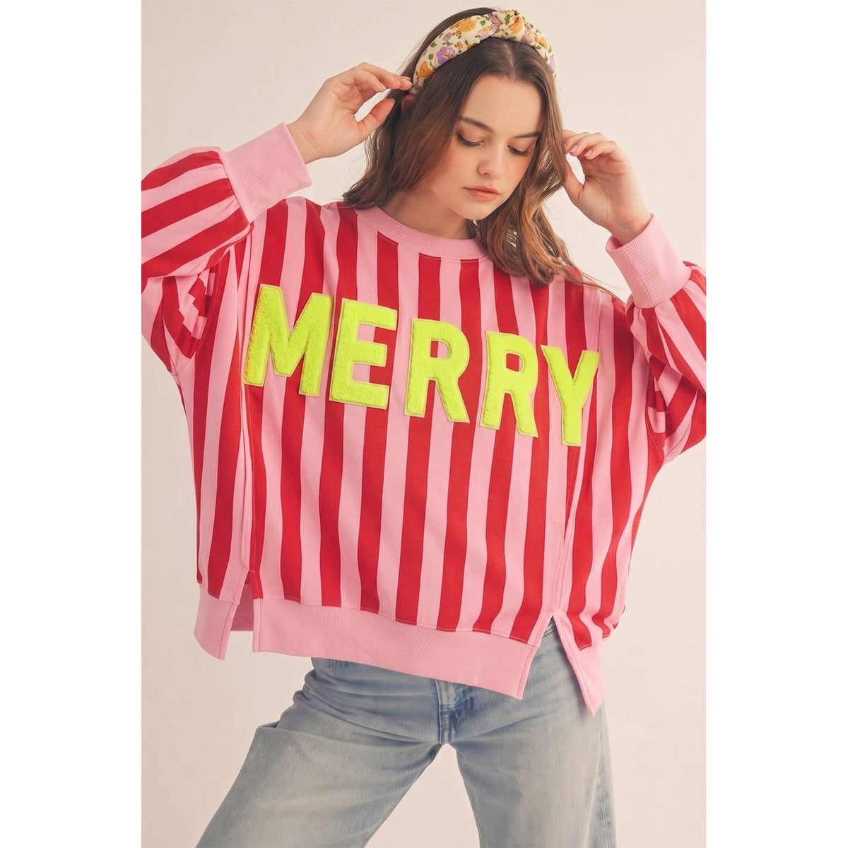 Oversized Striped Sweatshirt Featuring Bold Neon Top