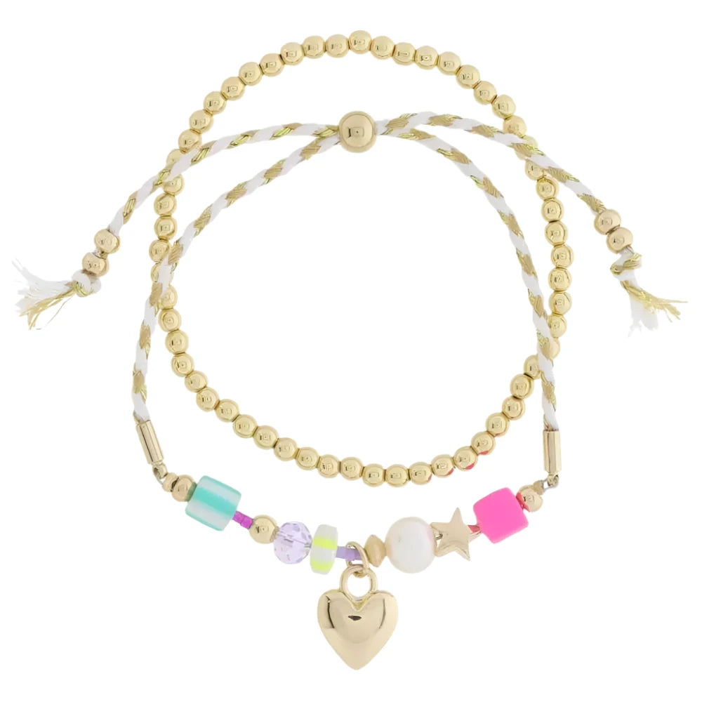 Kids Set of 2 Gold Beads White Cord Heart Bracelet