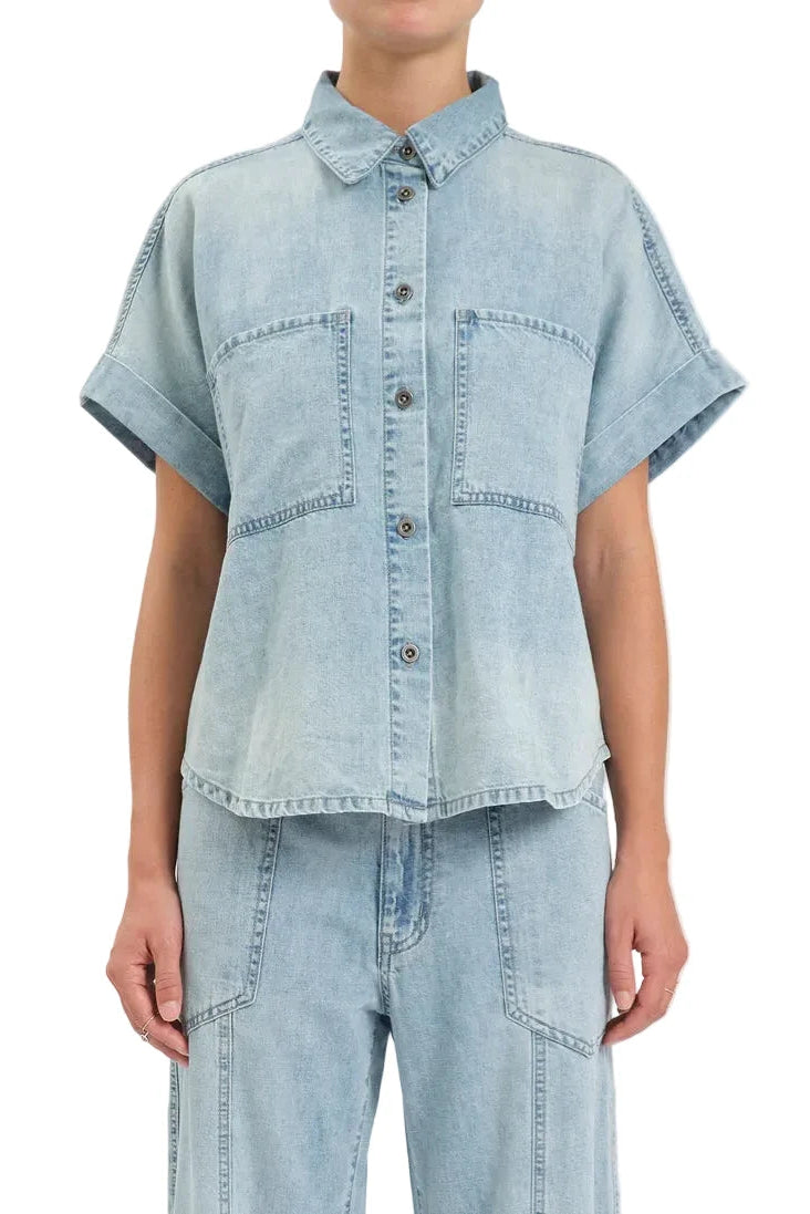 Shore rolled sleeve denim top with button-up front and relaxed fit for casual summer wear