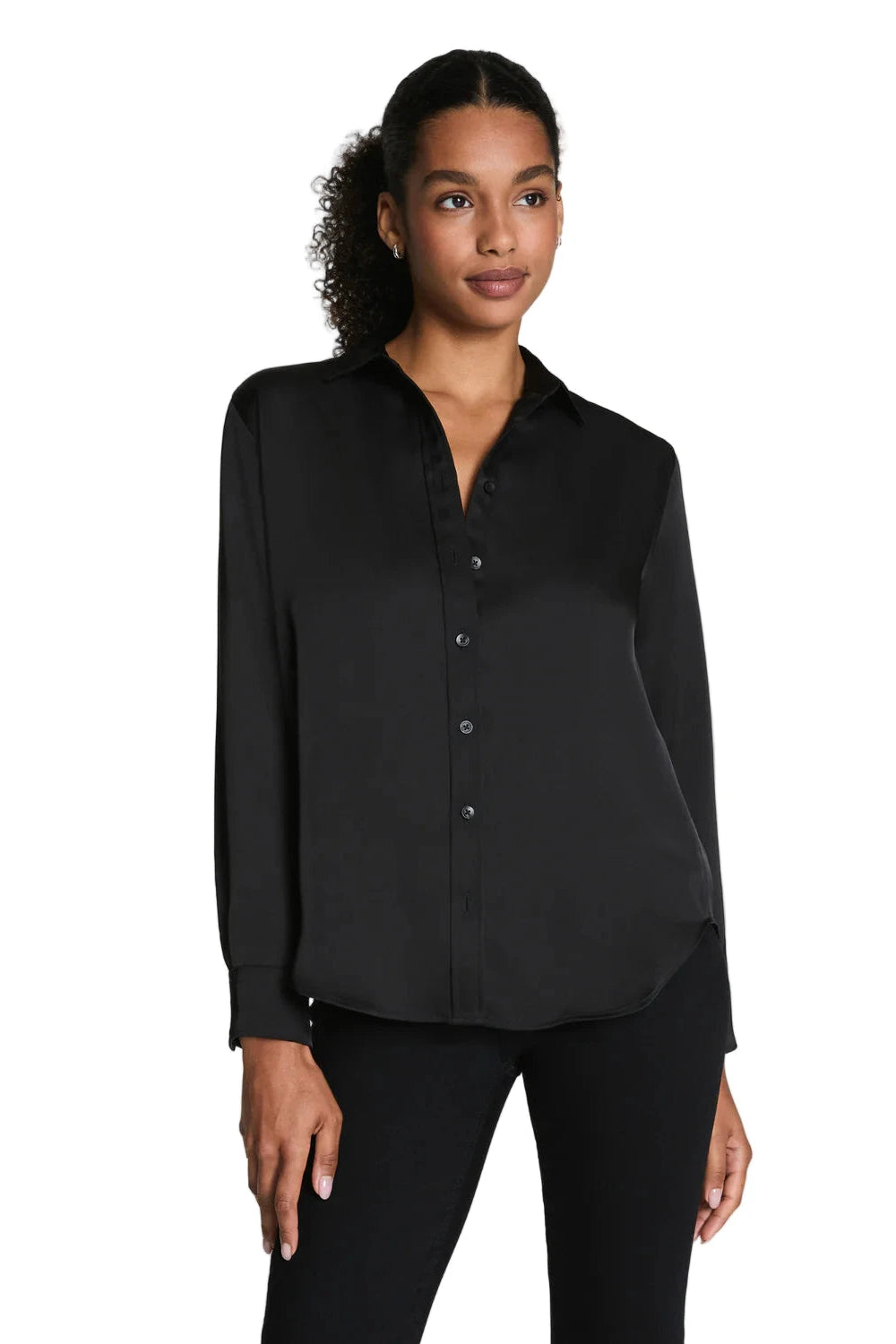 SPANX Silk Smooth Button-Down shirt in black with long sleeves and classic button-down fit