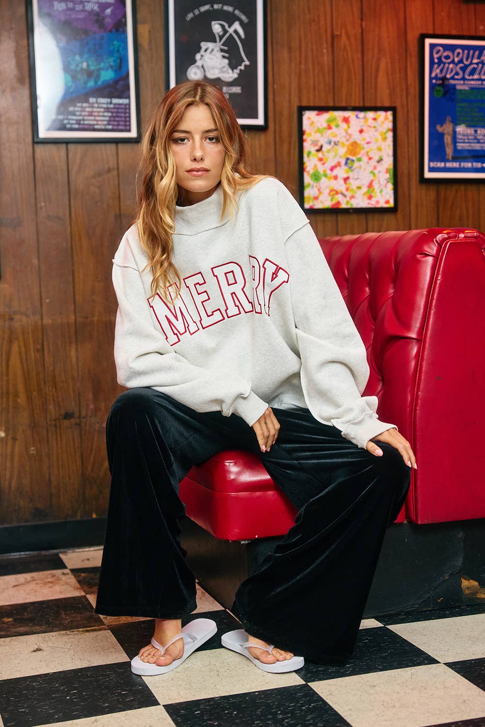 IT2594E-MERRY | 'MERRY' Embroidered Mock Neck Sweatshirt