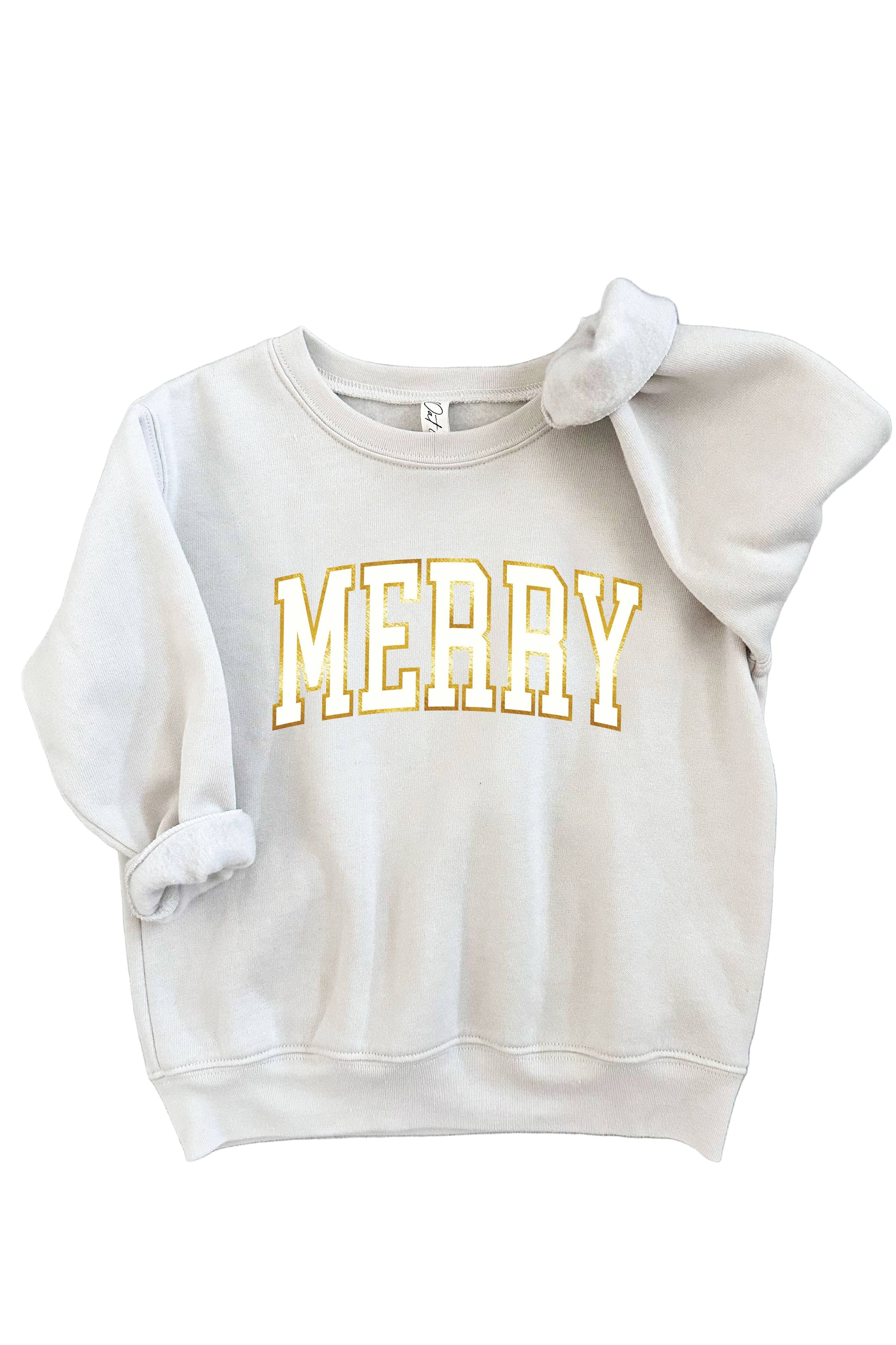 Oat Collective white sweatshirt with gold 'MERRY' text 